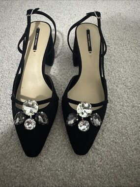 Zara Black Pointed Slingback Heels with Crystal Accents